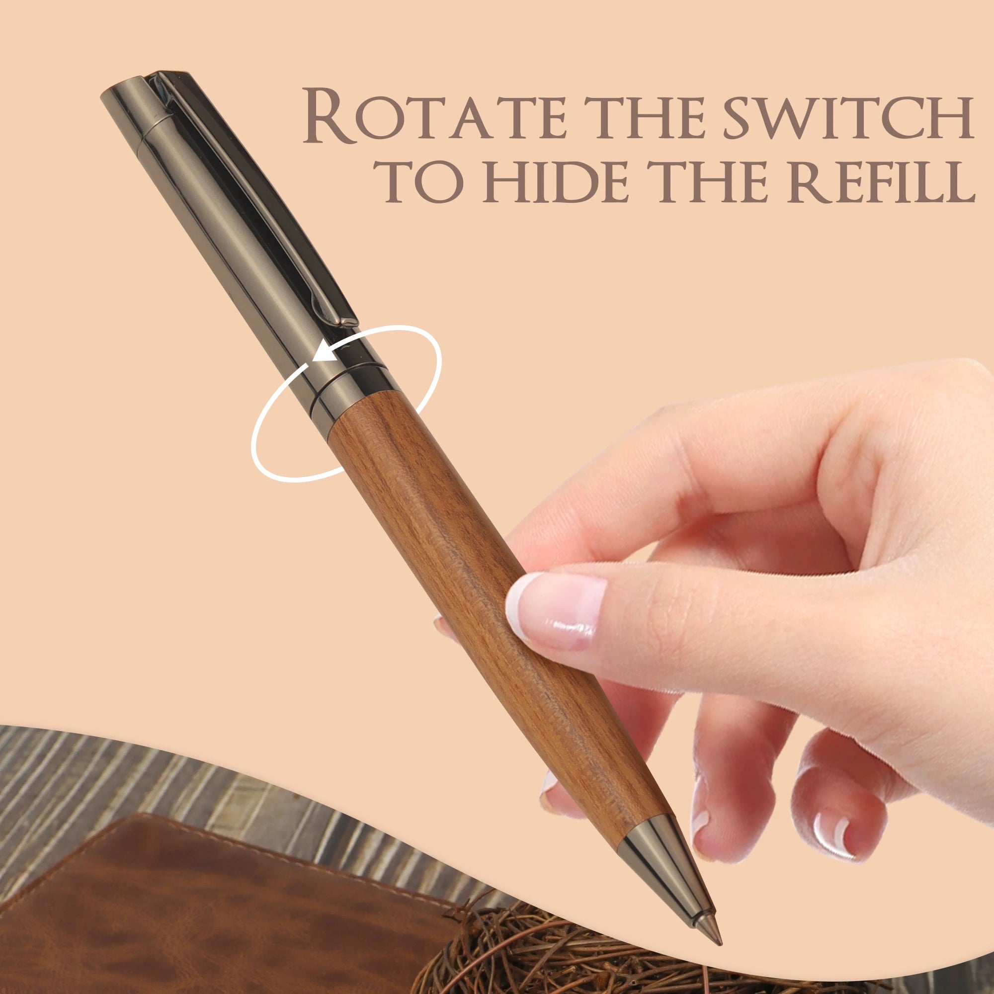 "Elegant wood and metal pen with smooth black ink flow. High-end feel, perfect for daily writing or as a thoughtful gift. Includes matching case."