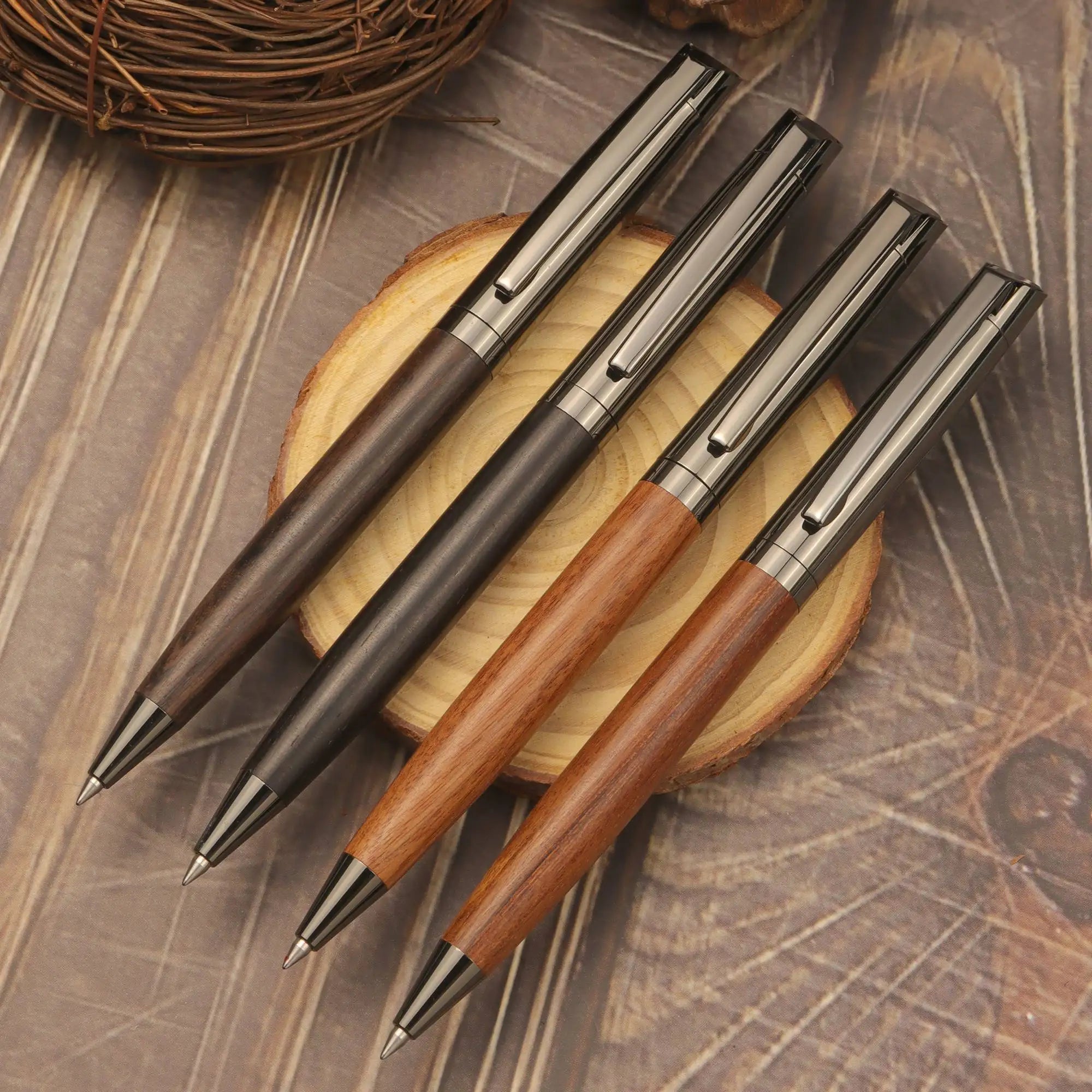 "Elegant wood and metal pen with smooth black ink flow. High-end feel, perfect for daily writing or as a thoughtful gift. Includes matching case."