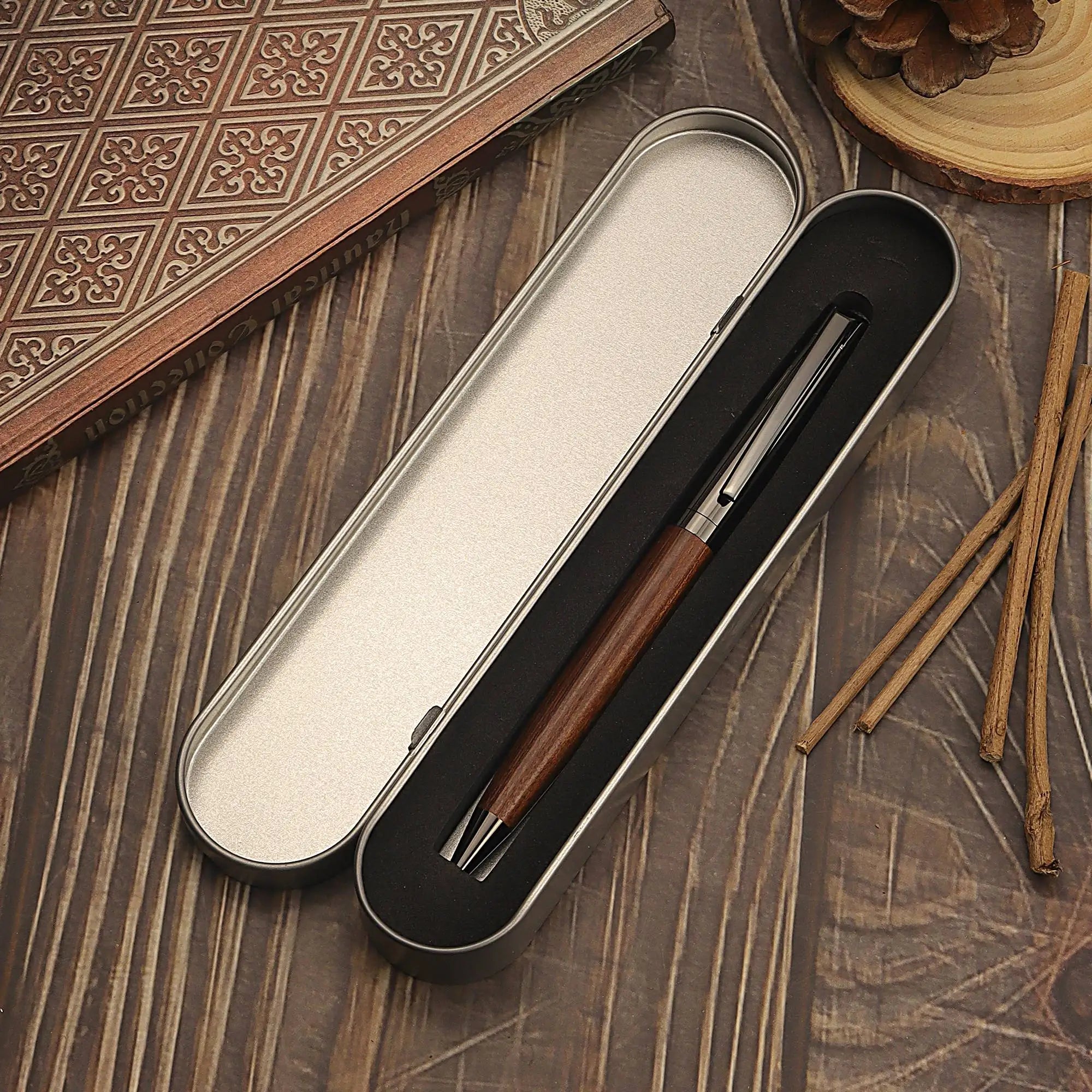 "Elegant wood and metal pen with smooth black ink flow. High-end feel, perfect for daily writing or as a thoughtful gift. Includes matching case."