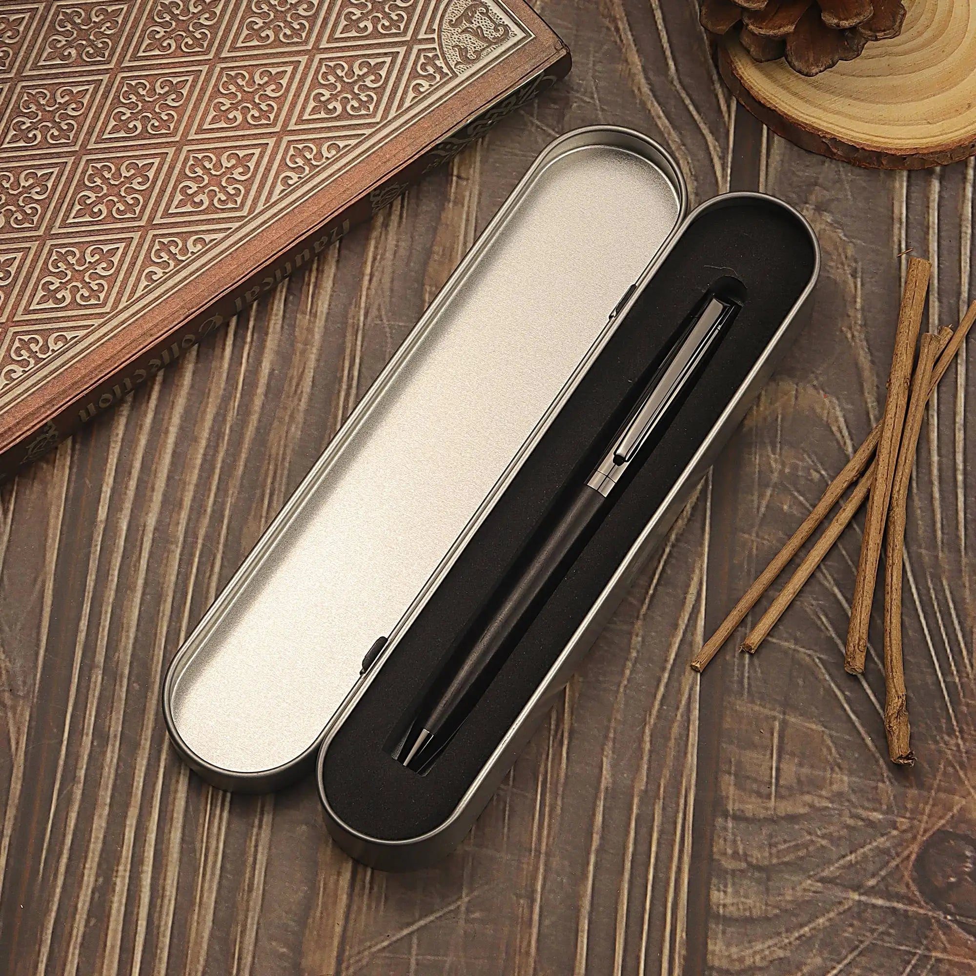 "Elegant wood and metal pen with smooth black ink flow. High-end feel, perfect for daily writing or as a thoughtful gift. Includes matching case."